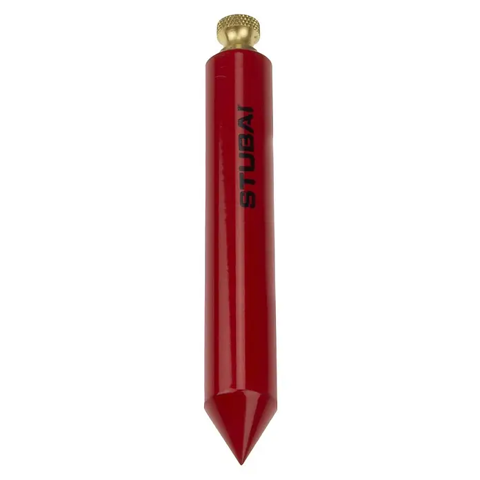 Stubai Senklot - 220 g, 120 mm, Stahl, Pulverbeschichtet - Ein rotes, kegelförmiges Senklot mit einer Messingspitze und dem Aufdruck "STUBAI", das für präzise Lotarbeiten verwendet wird.