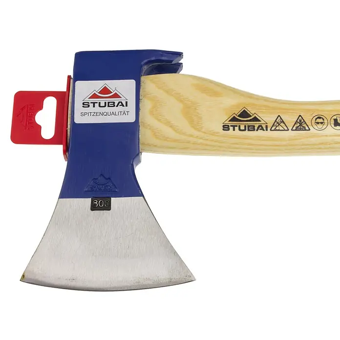 Stubai Handbeil - Gewicht Kopf: 900 g - Nahaufnahme einer Stubai-Spaltaxt mit blauem Kopf und hellem Holzgriff, ideal für Holzbearbeitung und Spaltarbeiten.