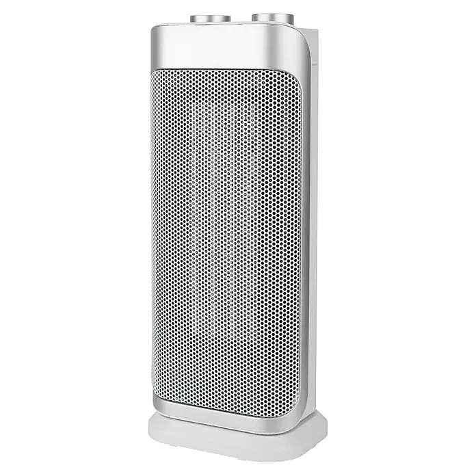Voltomat HEATING Keramik-Heizlüfter Mini Tower - 2.000 W, Silber, 20,5 x 16,2 x 44,5 cm - Abbildung eines elektrischen Raumheizers in Silber und Weiß, der für Wärme in Innenräumen sorgt und eine moderne Optik bietet.