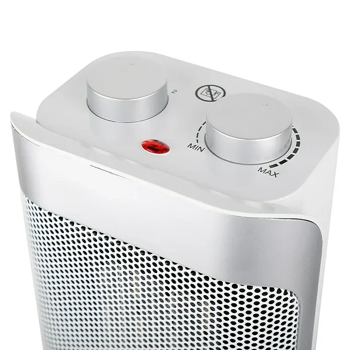 Voltomat HEATING Keramik-Heizlüfter Mini Tower - 2.000 W, Silber, 20,5 x 16,2 x 44,5 cm - Nahaufnahme einer weißen Heizung mit silbernen Akzenten, die Regler für Temperatur und Leistungseinstellungen zeigt.