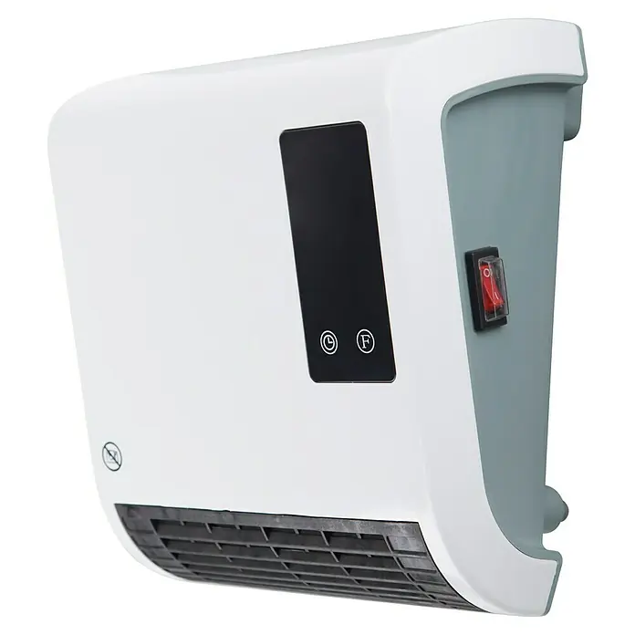 Voltomat HEATING Heizlüfter - 1.000 W - 2.000 W, Weiß, 29,5 x 19 x 31,6 cm, IP22 - Nahaufnahme einer weißen, an der Wand montierten Heizung mit digitalen Bedienelementen und einem Netzschalter.