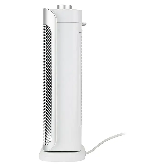 Voltomat HEATING Keramik-Heizlüfter Mini Tower - 2.000 W, Silber, 20,5 x 16,2 x 44,5 cm - Ein schlanker, weißer Turmventilator mit einem silbernen Bedienfeld oben und einem Netzkabel, das aus der Basis ragt.