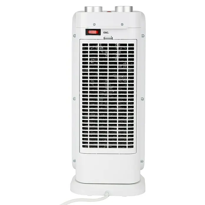 Voltomat HEATING Keramik-Heizlüfter Mini Tower - 2.000 W, Silber, 20,5 x 16,2 x 44,5 cm - Ein weißer Turmventilator mit einem schwarzen Gitter in der Mitte und einem Schalter oben. Das Gerät steht auf einem runden Sockel.