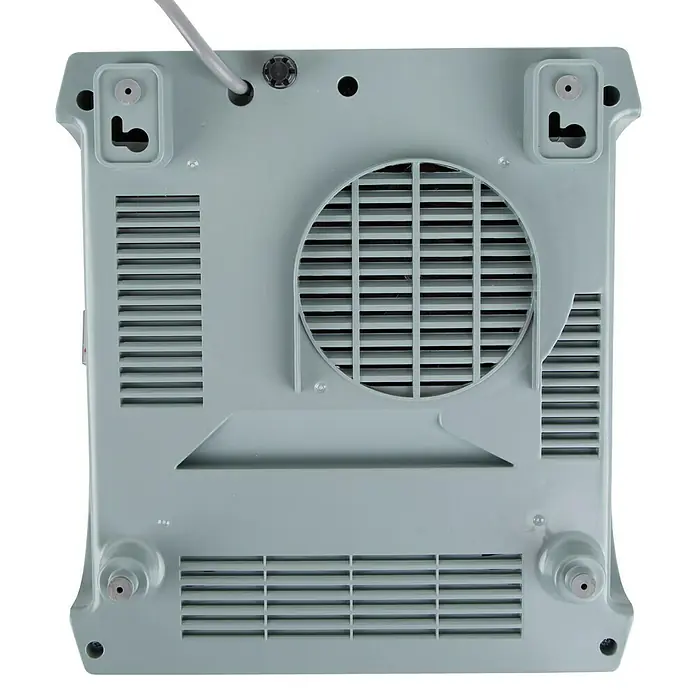 Voltomat HEATING Heizlüfter - 1.000 W - 2.000 W, Weiß, 29,5 x 19 x 31,6 cm, IP22 - Rückansicht eines hellgrauen Geräts mit Lüftungsschlitzen und Aufhängevorrichtungen zur Wandmontage. Stromkabelanschluss sichtbar.