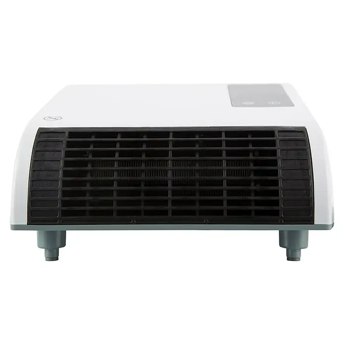 Voltomat HEATING Heizlüfter - 1.000 W - 2.000 W, Weiß, 29,5 x 19 x 31,6 cm, IP22 - Frontansicht einer tragbaren, weißen Heizung mit schwarzem Gitter, ideal zum schnellen Erwärmen von Räumen.