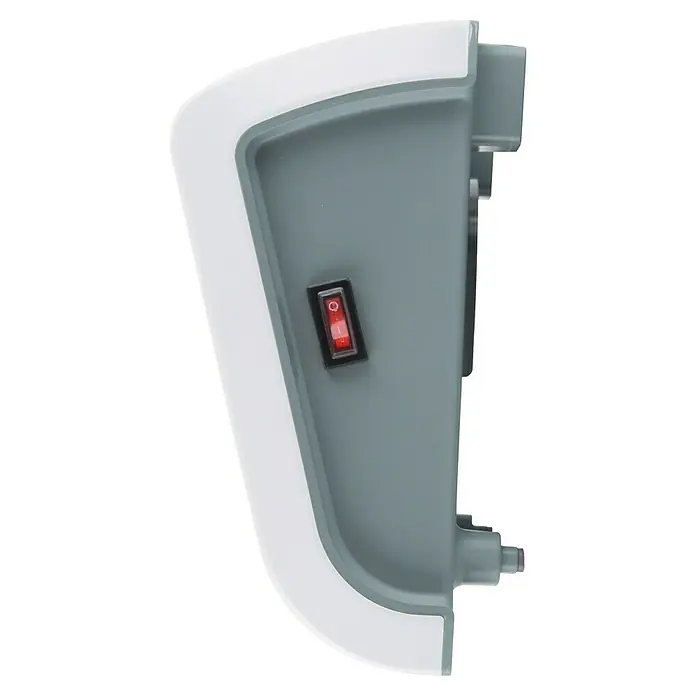 Voltomat HEATING Heizlüfter - 1.000 W - 2.000 W, Weiß, 29,5 x 19 x 31,6 cm, IP22 - Nahaufnahme einer grauen Wandhalterung mit weißer Umrandung und einem roten Schalter. Ideal für die sichere Befestigung verschiedener Geräte.