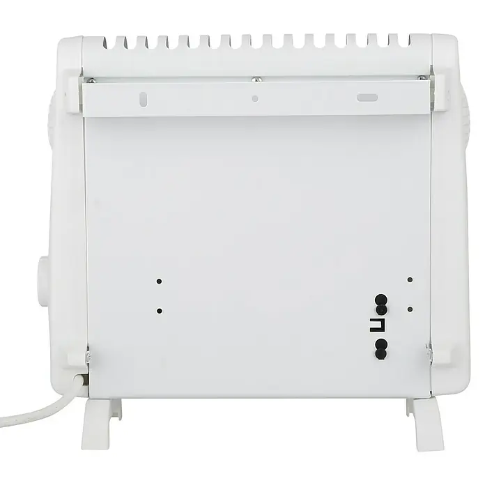 Voltomat Frostwächter - 500 W, Raumgröße bis ca. 10 m², Weiß - Nahaufnahme eines weißen Heizkörpers mit Löchern oben und einer Tafel, die darunter befestigt ist.