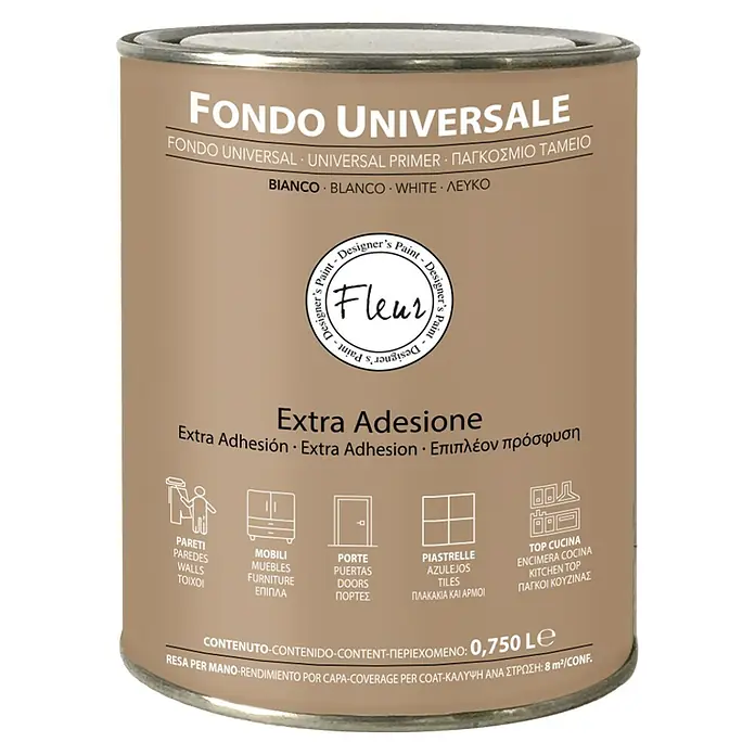 Fleur Fondo universal - 750 ml - Bote de imprimación Fleur Fondo Universale. Imprimación versátil para paredes, muebles, puertas, azulejos y encimeras con extra adhesión.