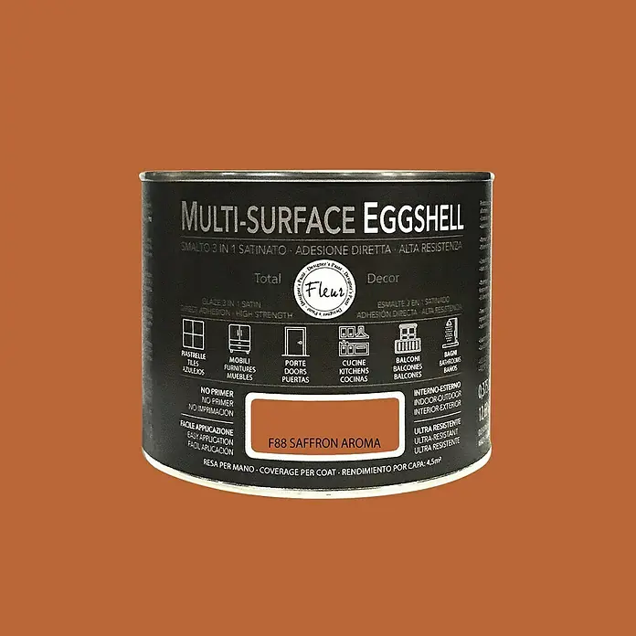 Fleur Esmalte de color Multi-Surface Eggshell - Saffron Aroma, 375 ml, Satinado, Consumo por m²: 12 l - Bote de pintura Multi-Surface Eggshell F88 Saffron Aroma, apta para diversas superficies, para uso interior y exterior.