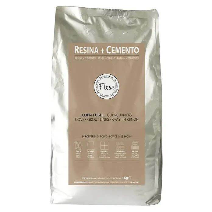 Fleur Cemento Resina - 8 kg - Imagen de un saco de lechada Resina + Cemento, ideal para cubrir las líneas de lechada en varias superficies.