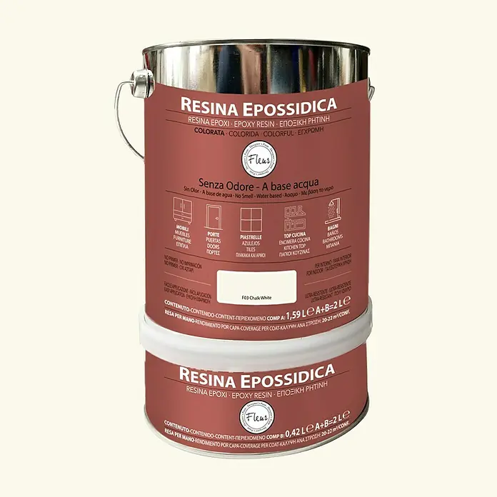 Fleur Resina epoxi coloreada - Chalk white, 2 l - Dos botes de resina epoxi en tonos marrones y blancos, aptas para muebles, puertas, azulejos, cocinas y baños.