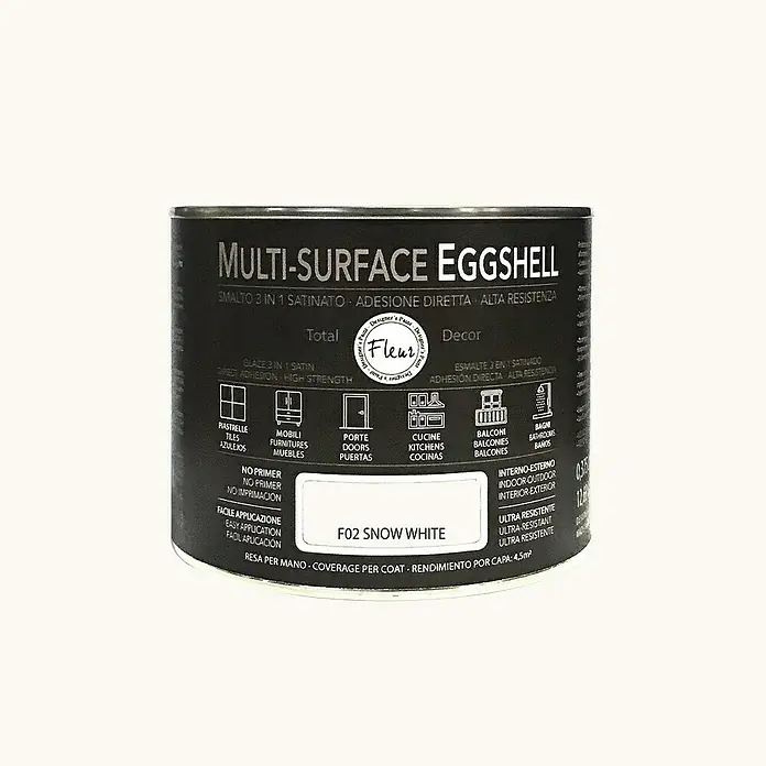 Fleur Esmalte de color Multi-Surface Eggshell - Snow white, 375 ml, Satinado, Consumo por m²: 12 l - Bote de pintura Multi-Surface Eggshell.