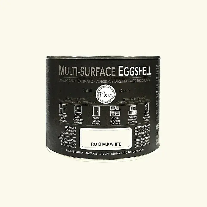 Fleur Esmalte de color Multi-Surface Eggshell - Chalk White, 375 ml, Satinado, Consumo por m²: 12 l - Bote de pintura Multi-Surface Eggshell.