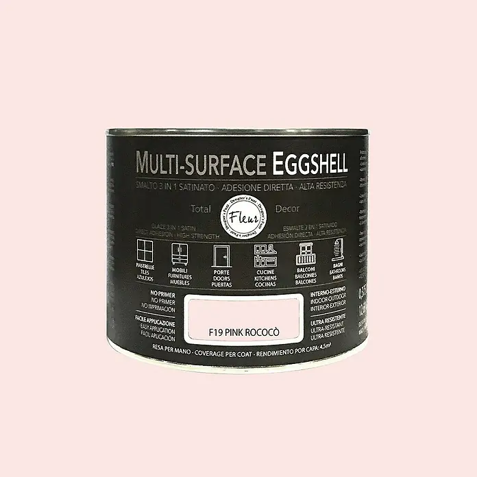 Fleur Esmalte de color Multi-Surface Eggshell - Pink Rococó, 375 ml, Satinado, Consumo por m²: 12 l - Bote de pintura "Multi-Surface Eggshell" en rosa delicado. Pintura versátil para diversas superficies, ideal para proyectos de bricolaje.