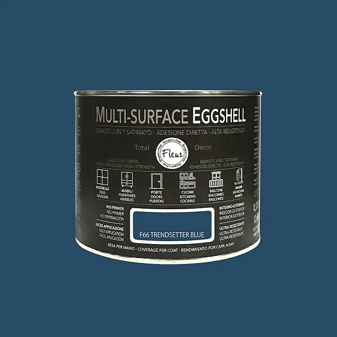 Fleur Esmalte de color Multi-Surface Eggshell - Trend Blue, 375 ml, Satinado, Consumo por m²: 12 l - Imagen de un bote de pintura "Fleur Multi-Surface Eggshell" en color "F66 Trendsetter Blue", versátil y resistente para superficies.