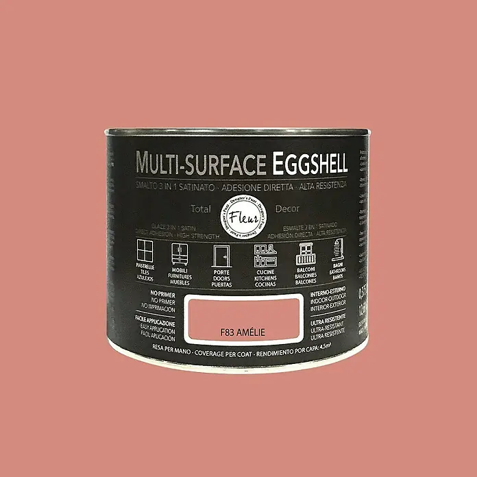 Fleur Esmalte de color Multi-Surface Eggshell - Amelie, 375 ml, Satinado, Consumo por m²: 12 l - Bote de pintura Multi-Surface Eggshell color F83 Amélie para aplicaciones versátiles interiores y exteriores.