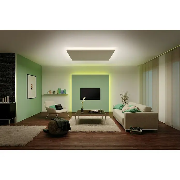 Paulmann MaxLED 1.000 LED-Band Basisset unbeschichtet - Länge: 3 m, Lichtfarbe: Warmweiß, 40 W, 3.300 lm - Elegantes Wohnzimmer mit stilvoller Deckenleuchte. Die moderne Beleuchtung sorgt für eine angenehme Atmosphäre im Raum.