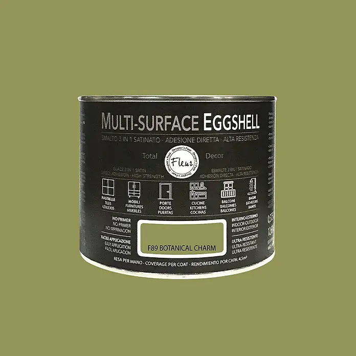 Fleur Esmalte de color Multi-Surface Eggshell - Botanical, 375 ml, Satinado, Consumo por m²: 12 l - Una lata de pintura Multi-Surface Eggshell en "F89 Botanical Charm", ideal para diversas superficies interiores y exteriores.