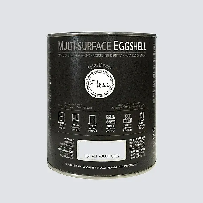 Fleur Esmalte de color Multi-Surface Eggshell - Grey, 750 ml, Satinado, Consumo por m²: 12 l - Bote de pintura Multi-Surface Eggshell F61 All About Grey de Total Decor Fleur, apta para varias superficies.