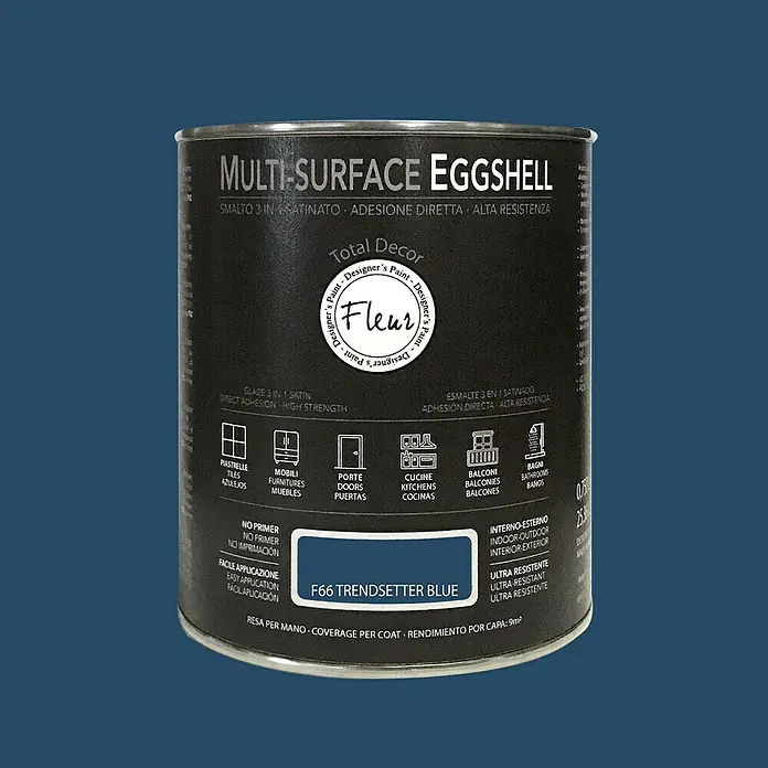 Fleur Esmalte de color Multi-Surface Eggshell - Trend Blue, 750 ml, Satinado, Consumo por m²: 12 l - Bote de pintura Multi-Surface Eggshell F66 Trendsetter Blue para interior/exterior.