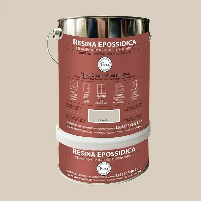 Fleur Resina epoxi coloreada - 2 l, Dove grey - Imagen del producto: Un conjunto de resina epoxi para aplicaciones versátiles, desde muebles hasta baños, en color F10 Dove Grey.