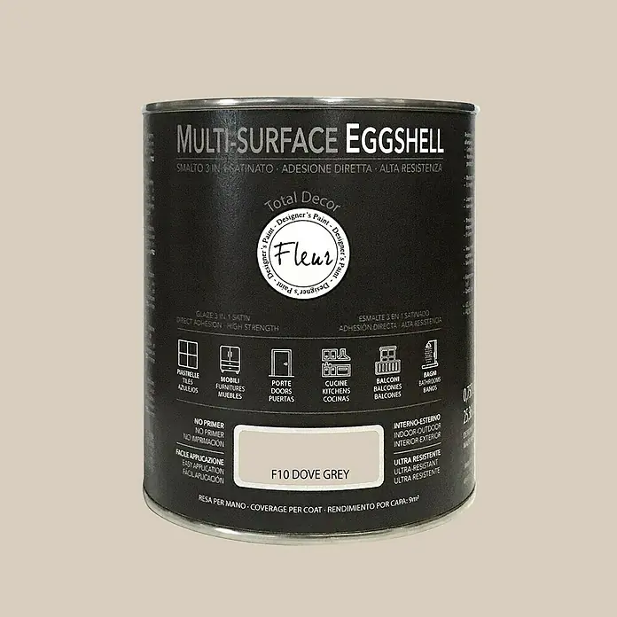 Fleur Esmalte de color Multi-Surface Eggshell - Dove grey, 750 ml, Satinado, Consumo por m²: 12 l - Pintura Multi-Surface Eggshell de Fleur, tono F10 Dove Grey. Ideal para interiores y exteriores, ofreciendo alta cobertura y resistencia.