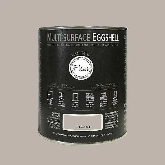 Fleur Esmalte de color Multi-Surface Eggshell - Greige, 750 ml, Satinado, Consumo por m²: 12 l - Bote de pintura "Multi-Surface Eggshell" en color F11 Greige de Total Decor. Acabado mate y liso para aplicaciones interiores y exteriores.