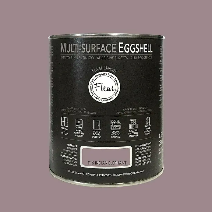 Fleur Esmalte de color Multi-Surface Eggshell - Indian Elephant, 750 ml, Satinado, Consumo por m²: 12 l - Bote de pintura Fleur Multi-Surface Eggshell, tono F16 Indian Elephant, pintura versátil para interiores y exteriores.