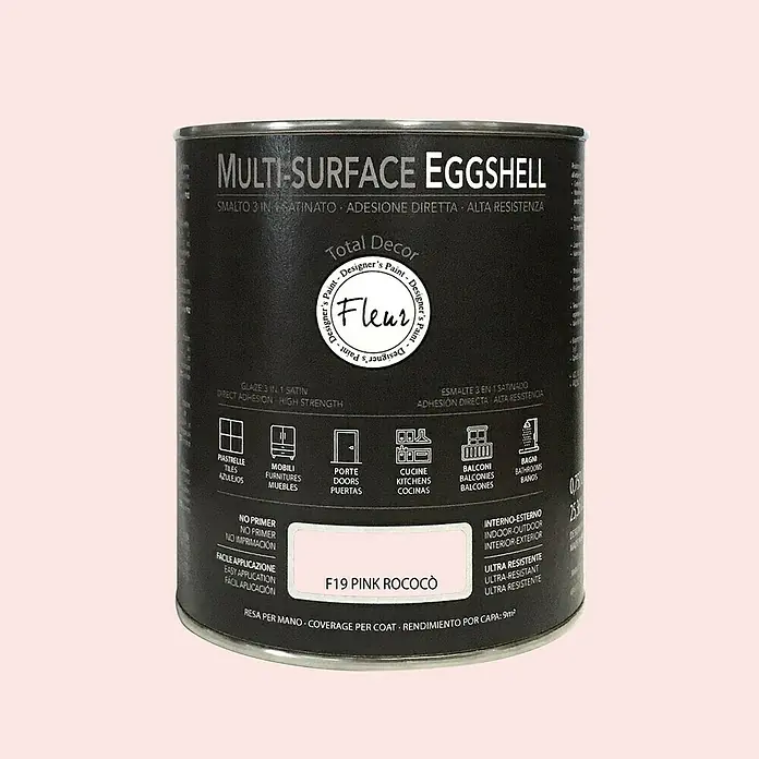 Fleur Esmalte de color Multi-Surface Eggshell - Pink Rococó, 750 ml, Satinado, Consumo por m²: 12 l - Pintura Fleur Multi-Surface Eggshell en "F19 Pink Rococo" para diversas superficies interiores y exteriores.