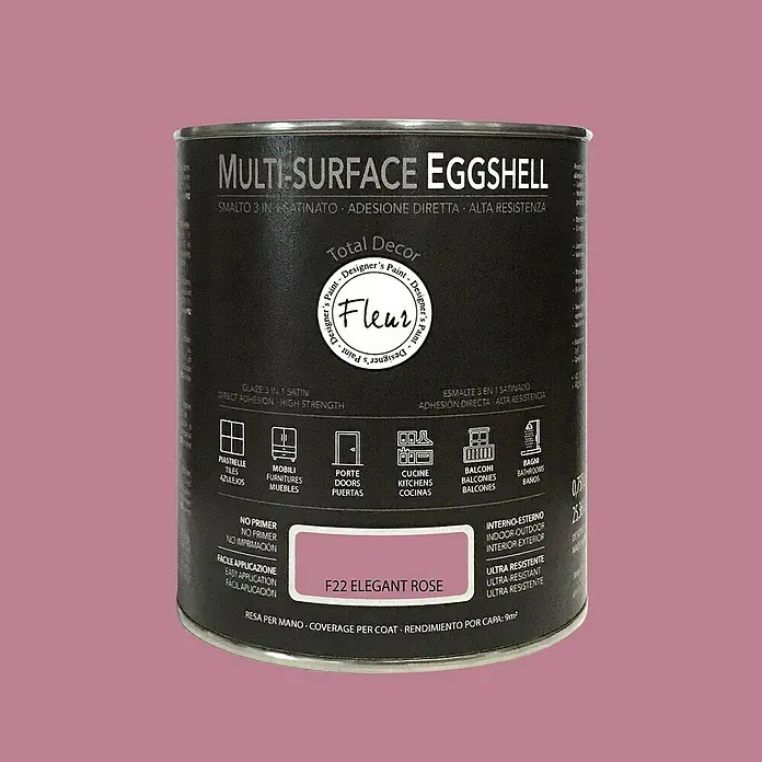 Fleur Esmalte de color Multi-Surface Eggshell - Elegant Rose, 750 ml, Satinado, Consumo por m²: 12 l - Un bote de pintura Multi-Surface Eggshell en color F22 Elegant Rose, adecuada para diversas superficies interiores y exteriores.