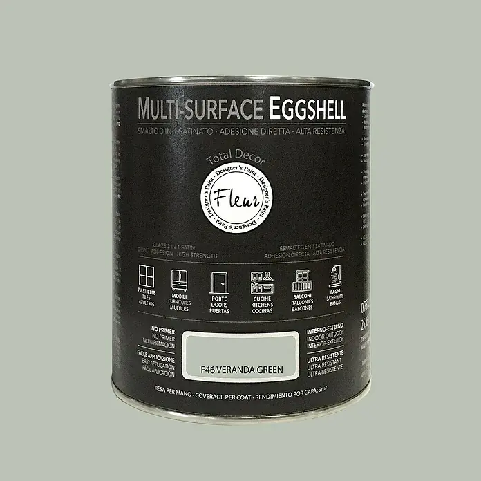 Fleur Esmalte de color Multi-Surface Eggshell - Veranda Green, 750 ml, Satinado, Consumo por m²: 12 l - Bote de pintura Fleur Multi-Surface Eggshell color F46 Veranda Green.