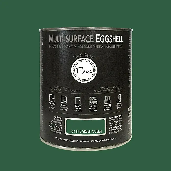 Fleur Esmalte de color Multi-Surface Eggshell - Green Queen, 750 ml, Satinado, Consumo por m²: 12 l - Bote de pintura "Multi-Surface Eggshell" de Fleur, un producto versátil para diversas superficies con el tono "F54 The Green Queen".