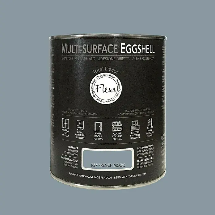 Fleur Esmalte de color Multi-Surface Eggshell - French Mood, 750 ml, Satinado, Consumo por m²: 12 l - Bote de pintura Fleur Multi-Surface Eggshell, color F57 French Mood, para diversas superficies interiores y exteriores.
