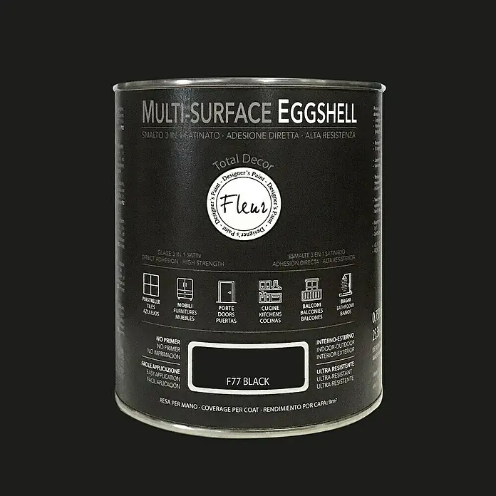 Fleur Esmalte de color Multi-Surface Eggshell - Black, 750 ml, Satinado, Consumo por m²: 12 l - Un bote de pintura Multi-Surface Eggshell de Fleur, ideal para diversas superficies y aporta un toque elegante.
