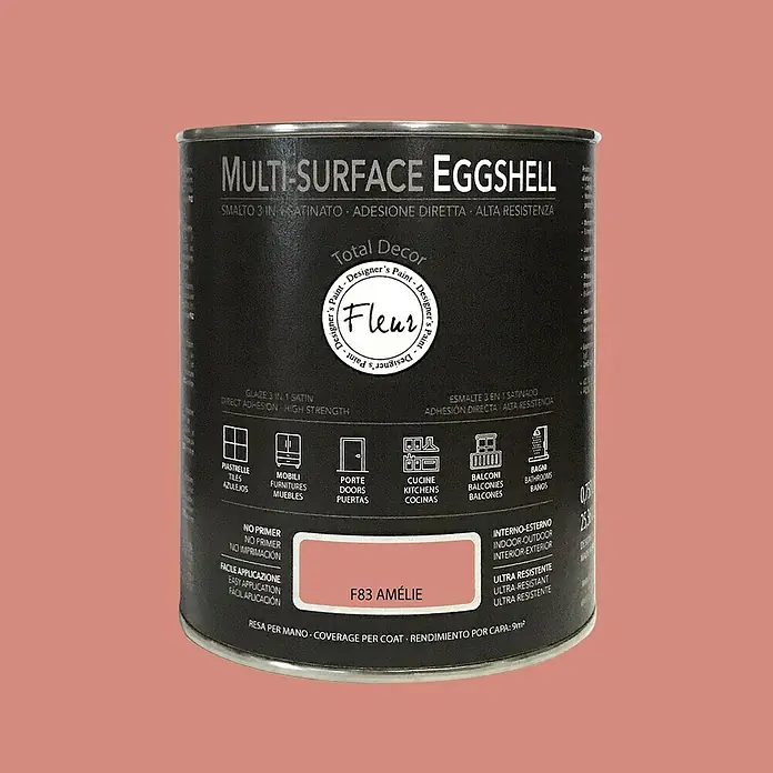 Fleur Esmalte de color Multi-Surface Eggshell - Amelie, 750 ml, Satinado, Consumo por m²: 12 l - Bote de pintura Multi-Surface Eggshell en color F83 Amélie, que ofrece versatilidad y excelente cobertura para diversas aplicaciones.