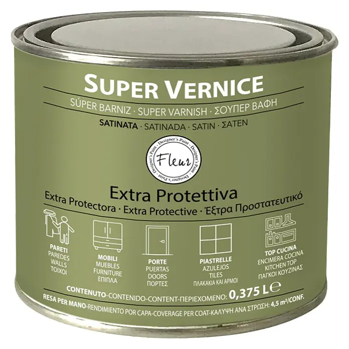 Fleur Barniz Satinado - 375 ml, Transparente - Bote de barniz Super Vernice, apto para paredes, muebles, puertas, azulejos y encimeras de cocina. Contenido: 0,375 l.