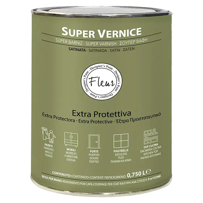 Fleur Barniz Satinado - Transparente, 750 ml - Bote de laca Super Vernice de Fleur Designer's Paint, apto para paredes, muebles, puertas, azulejos y superficies de cocina, con 0,750 Le de contenido.