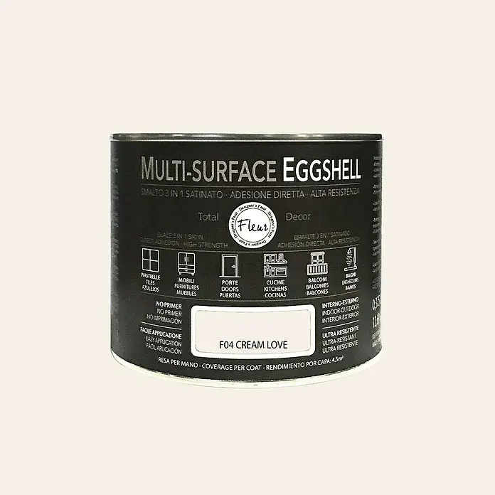 Fleur Esmalte de color Multi-Surface Eggshell - Cream Love, 375 ml, Satinado, Consumo por m²: 12 l - Bote de pintura Multi-Surface Eggshell F04 Cream Love. Apto para azulejos, muebles, puertas, cocinas, balcones y baños. Interior y exterior.