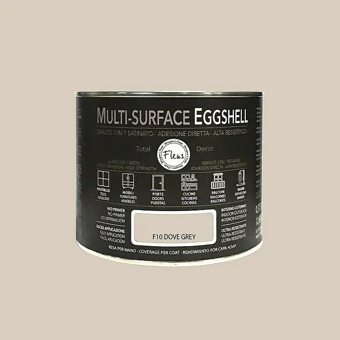 Fleur Esmalte de color Multi-Surface Eggshell - Dove Grey, 375 ml, Satinado, Consumo por m²: 12 l - Pintura Multi-Surface Eggshell en color F10 Dove Grey, ideal para diversas superficies interiores y exteriores.