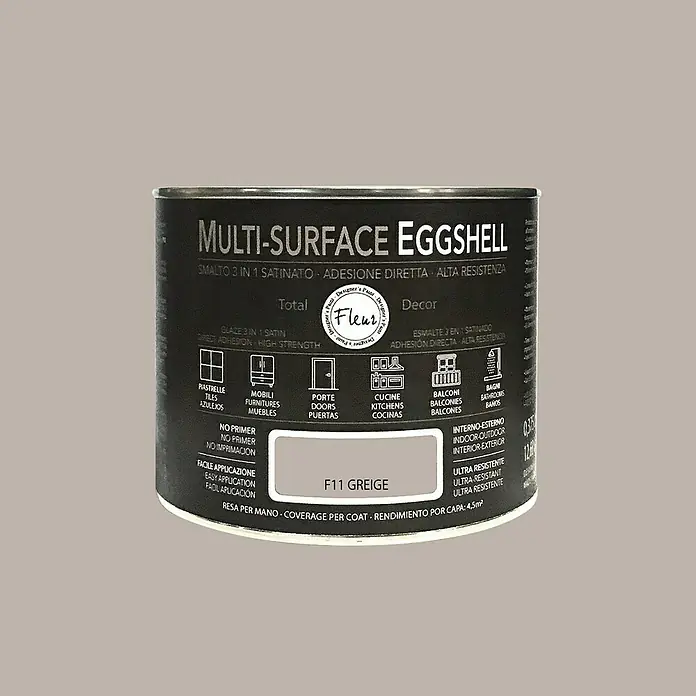 Fleur Esmalte de color Multi-Surface Eggshell - Greige, 375 ml, Satinado, Consumo por m²: 12 l - Se muestra una lata de pintura Multi-Surface Eggshell en F11 Greige, apta para diversas superficies, tanto interiores como exteriores.
