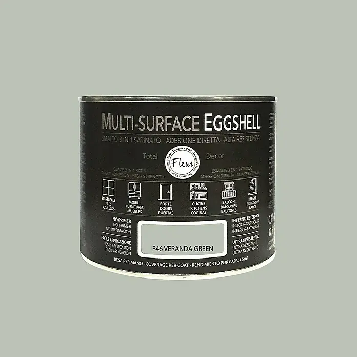 Fleur Esmalte de color Multi-Surface Eggshell - Veranda Green, 375 ml, Satinado, Consumo por m²: 12 l - Lata de pintura Multi-Surface Eggshell en F46 Veranda Green, para aplicaciones interiores y exteriores.