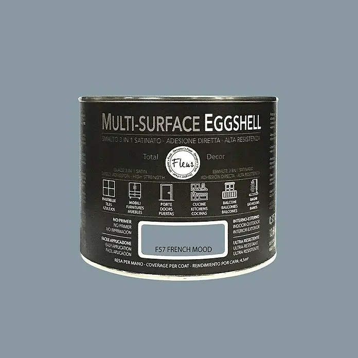Fleur Esmalte de color Multi-Surface Eggshell - French Mood, 375 ml, Satinado, Consumo por m²: 12 l - Una lata de pintura Multi-Surface Eggshell en "F57 French Mood". Ideal para diversas superficies, interiores y exteriores.