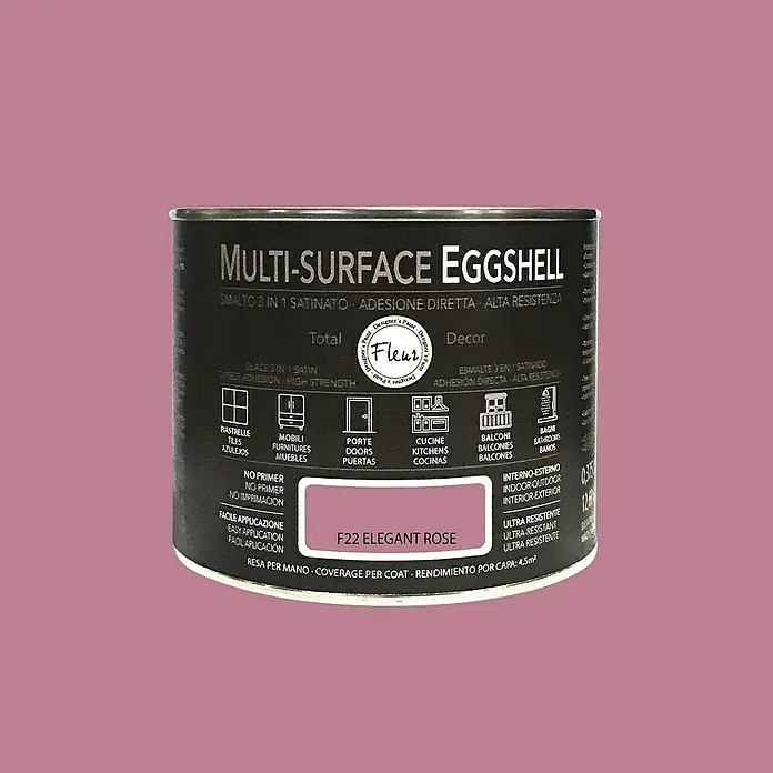 Fleur Esmalte de color Multi-Surface Eggshell - Elegant Rose, 375 ml, Satinado, Consumo por m²: 12 l - Bote de pintura Multi-Surface Eggshell color F22 Elegant Rose. Pintura versátil para diversas superficies, ideal para interiores y exteriores.