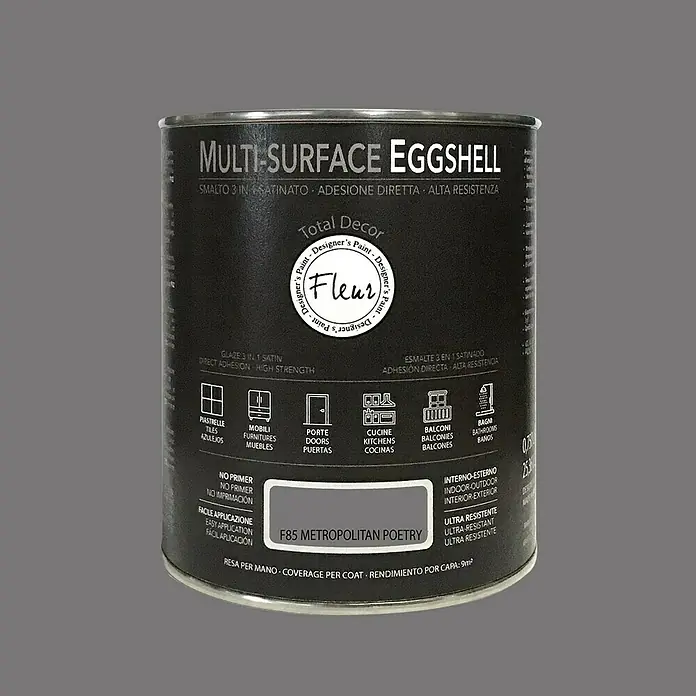 Fleur Esmalte de color Multi-Surface Eggshell - Metropolitan Poetry, 750 ml, Satinado, Consumo por m²: 12 l - Lata de pintura Multi-Surface Eggshell color F85 Metropolitan Poetry, apta para interiores y exteriores.