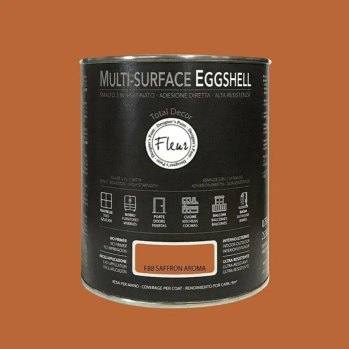 Fleur Esmalte de color Multi-Surface Eggshell - Saffron Aroma, 750 ml, Satinado, Consumo por m²: 12 l - Bote de pintura multi-superficie Fleur F88 Saffron Aroma.