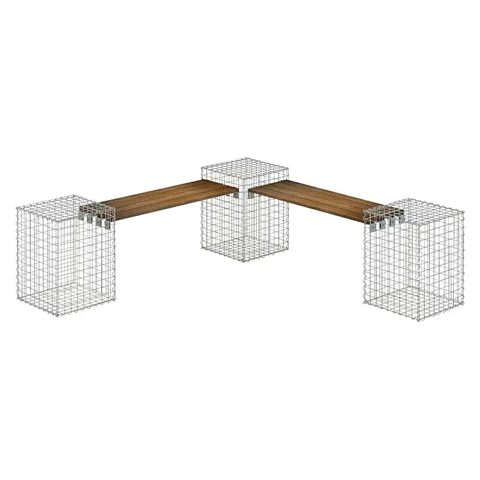 Gabiona Gabionenbank - Maschenbreite: 50 mm, Maschenhöhe: 50 mm, Teak, 2 Sitzflächen - Die Abbildung zeigt eine moderne Sitzbank mit drei Gabionen als Basis und Holzbänken dazwischen. Die Bank ist ideal für den Außenbereich.