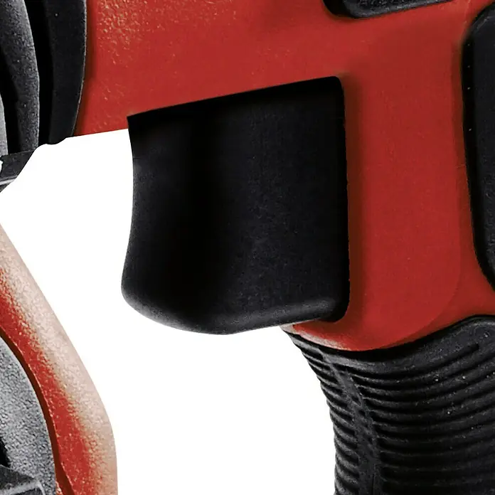 Einhell Professional PXC 18V Martillo combinado de batería Herocco - 18 V, Sin batería, 0 Ah, 2,2 J - Primer plano de una herramienta eléctrica roja, que muestra un interruptor negro y una empuñadura texturizada para un mejor manejo.