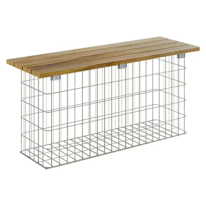 Gabiona Gabionenbank - 102 x 32 x 50 cm, Stahl, Maschenbreite: 50 mm, Maschenhöhe: 100 mm, Teak - Elegante Gabionenbank mit Holzoberfläche. Die Drahtstruktur verleiht einen modernen Look, perfekt für Garten und Terrasse.