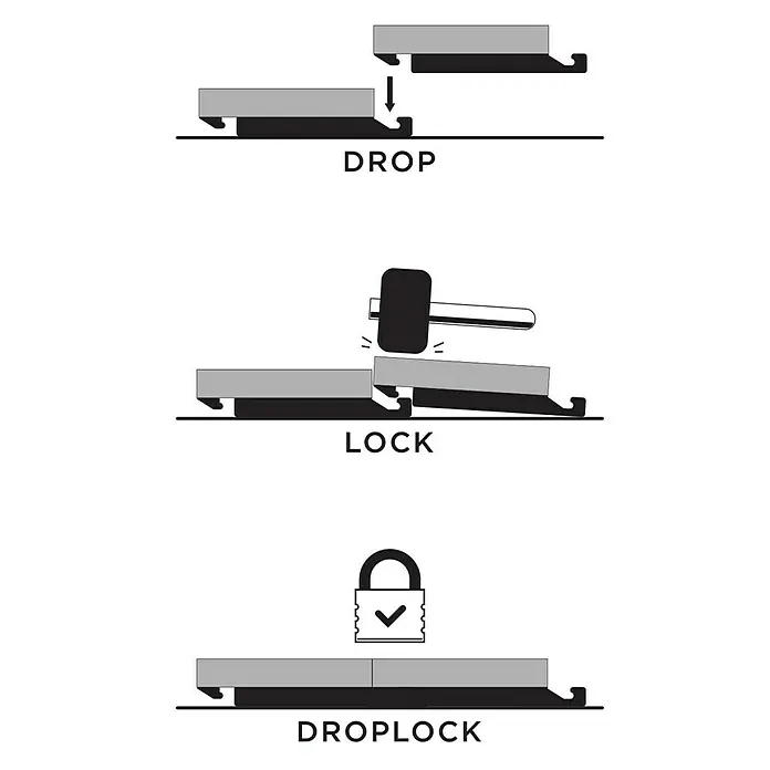 Vinylbodenmuster Isocore Inside Sardegna - 280 x 120 x 8 mm, Fliesenoptik - Illustration der Drop-Lock-Methode für Bodenbeläge, die das Einrasten der Dielen zeigt.
