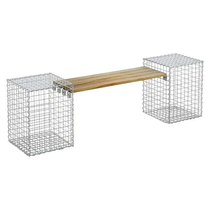 Gabiona Gabionenbank - 205 x 45 x 60 cm, Stahl, Maschenbreite: 50 mm, Maschenhöhe: 50 mm, Teak - Gartensitzbank mit Gabionenfüßen und Holzsitzfläche, perfekt für den Außenbereich. Stilvolles Design für Ihren Garten oder Terrasse.